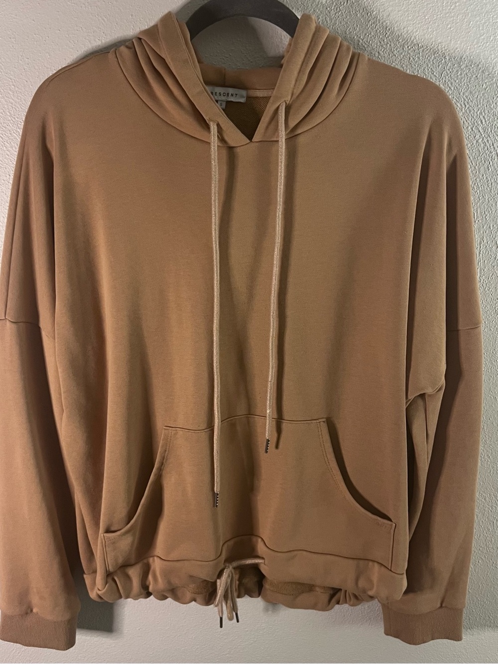 Crescent Scoop-Neck Drawstring Hoodie Sweater in Camel